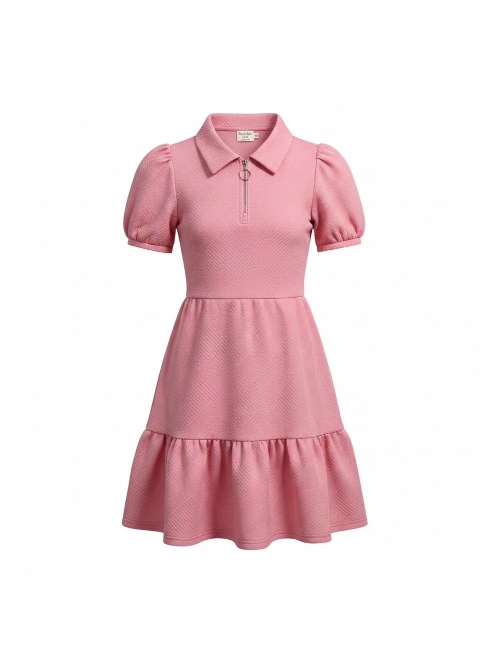 Shop the Mint Girls Pink Textured Polo Collar Dress with Puff Sleeves Size 12/14